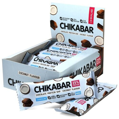 Протеиновый батончик Chikalab Chikabar без сахара, Кокос с шоколадной начинкой, 60г х 12 шт.