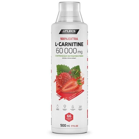Atlecs L-carnitine 60000 мг л-карнитин для похудения без сахара, клубника 500 мл, 66 п.