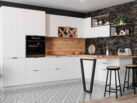 Белая модульная кухня с барной стойкой и рифлеными шкафами | 3.2*2 метра Монца 015